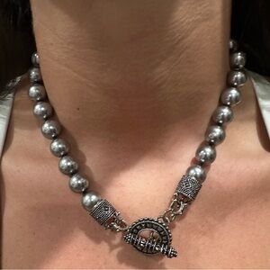 VINTAGE STERLING SILVER & MARCASITE TOGGLE CLASP WITH GRAY FAUX PEARLS